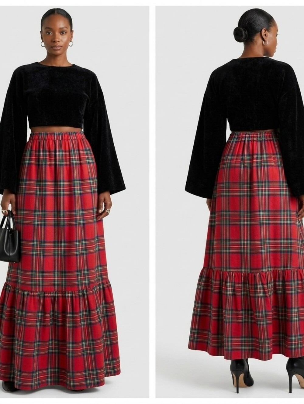 Nwt Cupshe Plaid High-Rise A-Line Maxi Skirt Ruffled Hem Soft Cotton & Poly